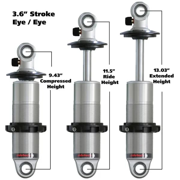 HQ Coil-Over Shock W/ 3.6 Inch Stroke And 1.7 Inch Eye Mount Universal 1 Rebound Adjustable Shockspring Mounts Delrin Spring Washers And Bearing Spacers 1/2 Inch And 5/8 Inch 9.4 Inch X 13 Inch W/ A 11.25 -11.5 Inch Ride Height Ridetech