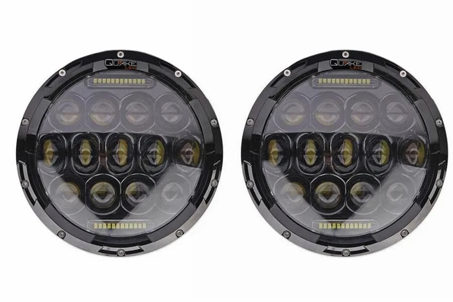 Quake LED - Qte769 - 7 Inch Headlight Jeep Jk/Cj/Tj 75 Watt High/Low RGB Accent Quad-Lock/Interlock Black Reflector Tempest Series For 1975-1983 Jeep Cj5