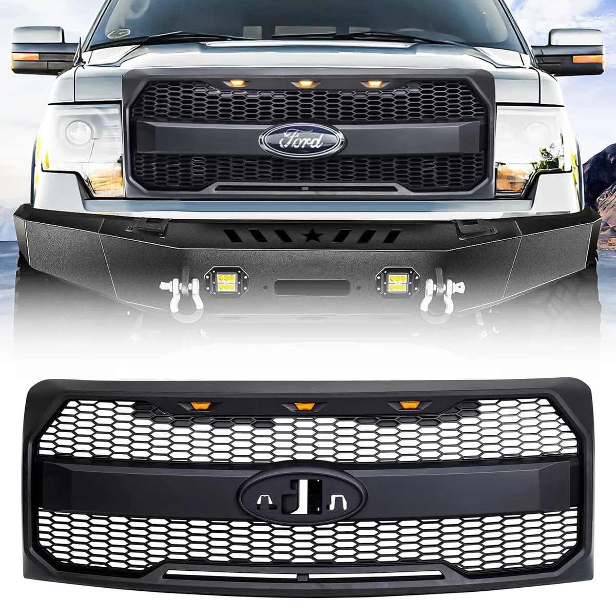 American Modified Amfmaa00159 Raptor Style Grille w/ Amber Lights& Emblem Holder, Matte Black