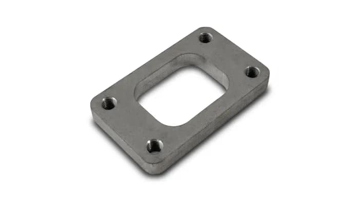 Turbo Flange; 44.5mm Bhcch; 85.8mm Bhccw; Mild Steel; 0.5 In. Thickness; M10x1.5 Bhts; 44.5mm Port h; 57.2mm Port w; 66.8mm Overall h; 108.2mm Overall w; 57.2mm Overall Port w;