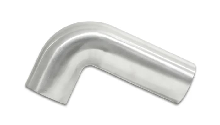 90 Degree Tight Radius Aluminum Bend; 2.5 in. OD; 1.75 in. Centerline Radius; 5x2 in. Leg Length From Tangent; 2MM Wall Thickness; 6063 Aluminum; Brushed;