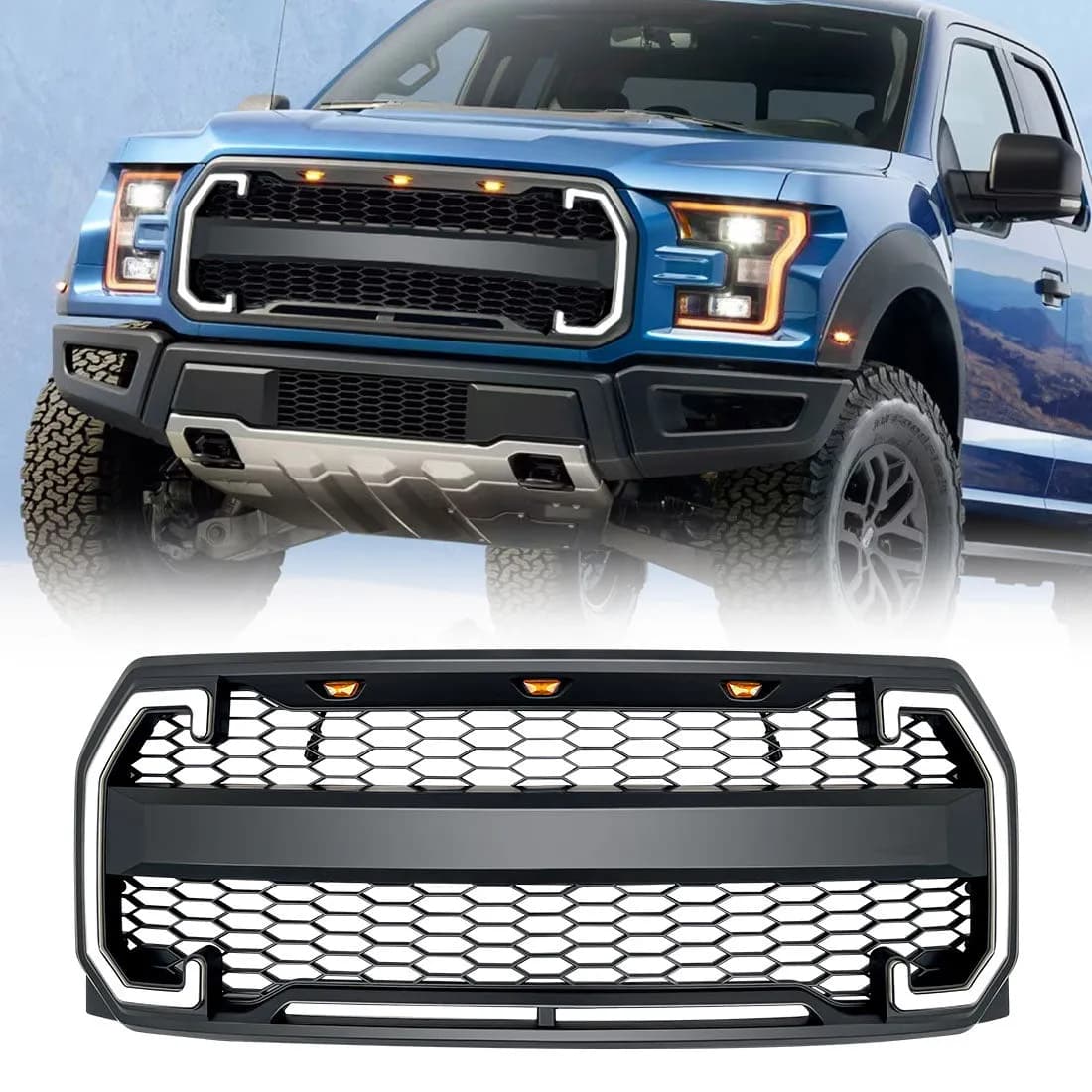 Raptor Style Mesh Grille W/ DRL & Turn Signal Lights - Matte Black For 2015-2017 Ford F150