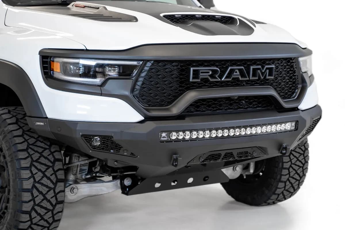 RAM 1500 Trx Stealth Fighter Front Bumper With D-Ring Clevis Mounts With 10 Single Small Square Light 40 Universal Mounts And Dually on The Side in Hammer Black With Satin Black Panels 2021 RAM 1500 Trx