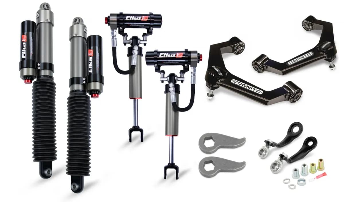 Cognito 3-Inch Elite Leveling Kit with Elka 2.5 Reservoir shocks for 2020 GM 2500HD 3500HD 2WD 4WD trucks. Kit includes Ball Joint SM Series Upper Control Arm Kit Torsion Bar Adjuster Key Kit Pitman Idler Support kit and front and rear Elka 2.5 Rese