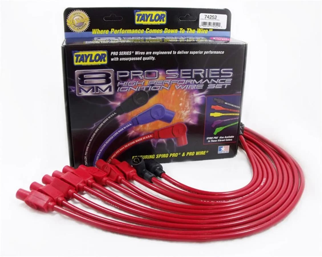 Taylor Cable 1955-76 Multi-Make V8 8mm Spiro-Pro Spark Plug Wire Set - Red - 180° Spark Plug Boot Angle - 74252