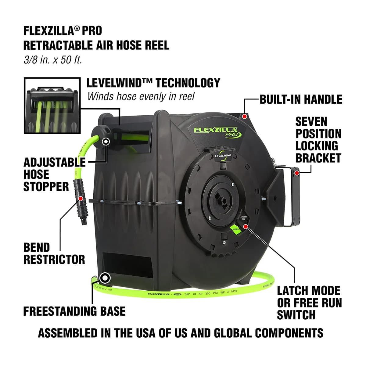 Fzp Retractable Air Hose Reel w/ Levelwind 3/8in 75ft