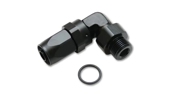 90 Degree Hose End Fitting; -8AN Hose Size; -6 ORB Male Thread Size; 9/16-18 in. Thread; 6061 Aluminum; Black Anodized; w/O-Ring;