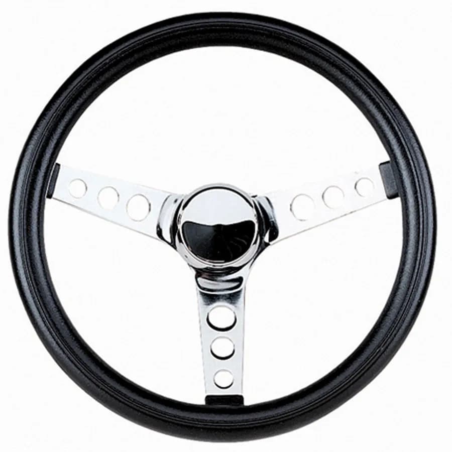 Classic Series Steering Wheel; 11.5 in. Diameter; 3.75 in. Dish; Black Cushion Grip; Chrome 3-Spoke Design;