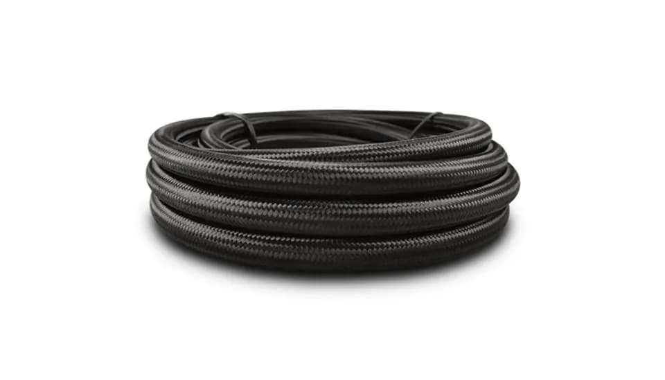 Nylon Braided Flex Hose; -8AN; 0.4375 in. Hose ID; 0.6875 in. Hose OD; 500 PSI Operating Pressure; 2000 PSI BP; 150ft. Roll; Black;