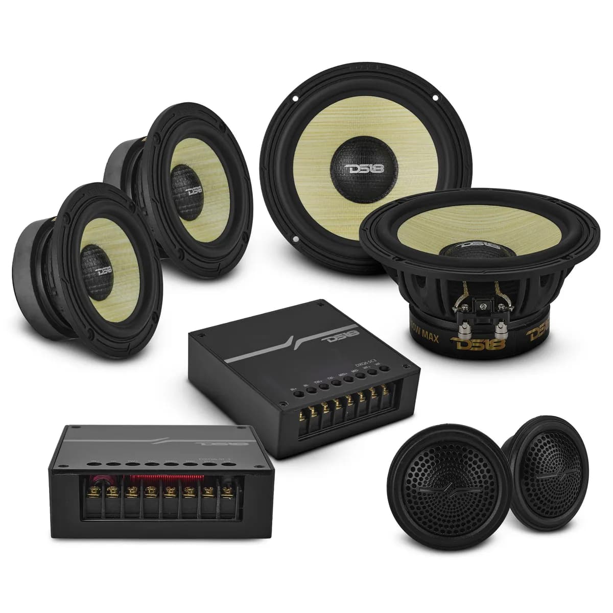 6 .5” + 3 .5” + 2” | 3-Way | 150 Watts RMS | 4Î© | Yellow Straw + Composite Foam Cone | Component