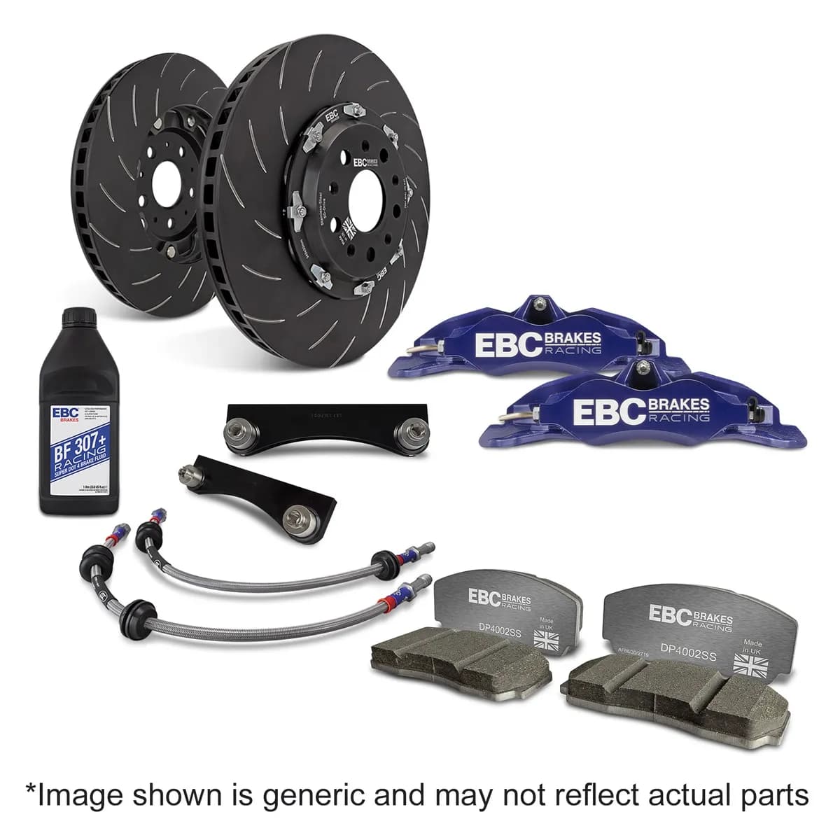 EBC Big Brake Kit; Four-Piston; Incl. Complete Front Axle Hardware; w/Front Braided Brake Lines/High-Performance Fluid; 330x28mm; Standard Clearance Range; Storm Shadow Blue;