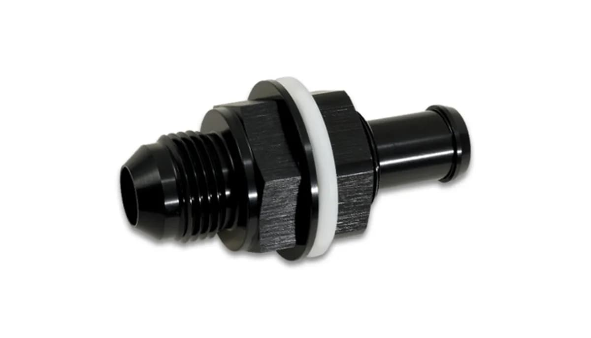 Fuel Cell Bulkhead Adapter Fitting; -6AN; 0.3125 in. Barb Size; 6061 Aluminum; Black Anodized;