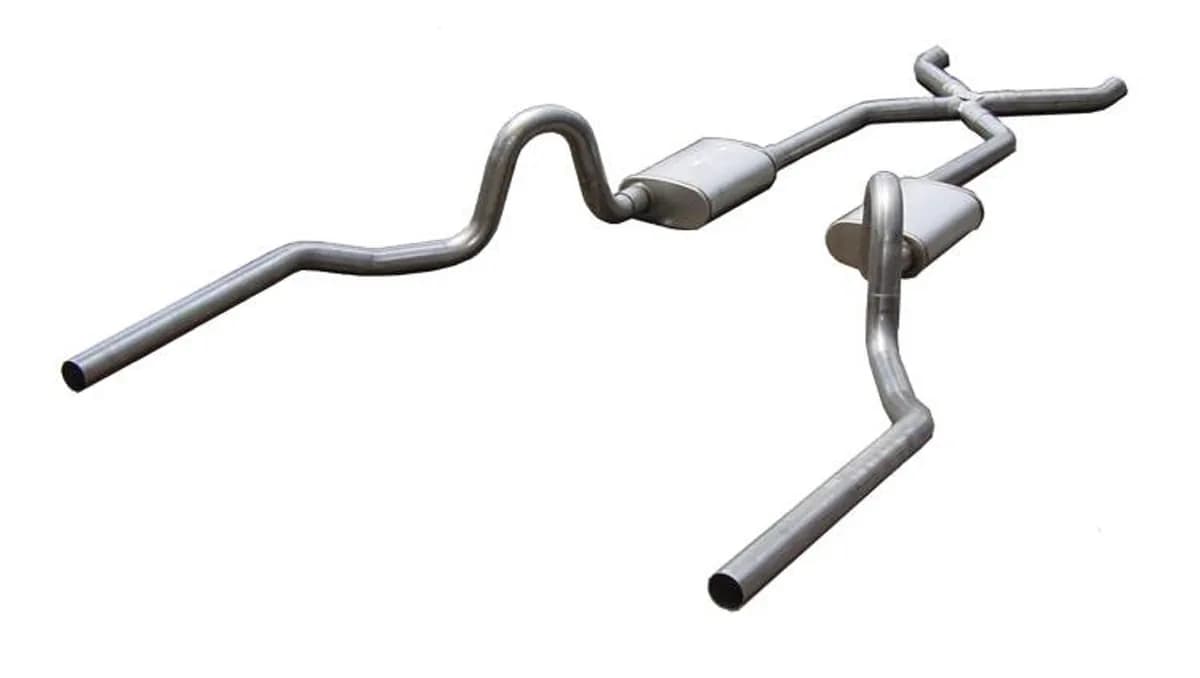 Crossmember Back w X-Pipe Exhaust System 64-72 A-Body Split Rear Dual Exit 2.5 in Intermediate And Tail Pipe Turbo Pro Muffler Hardware Incl Tip Not Incl Pypes Exhaust