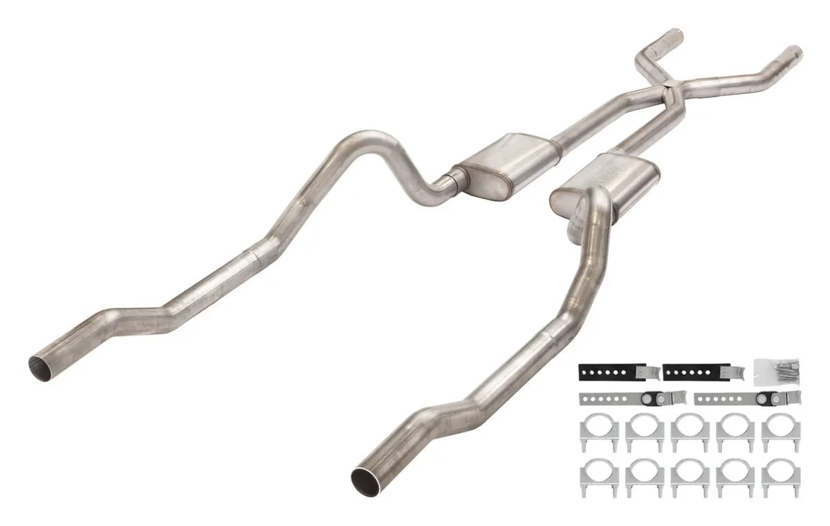 1966-1974 Mopar B-Body 3 Inch Crossmember Back Exhaust System With X-Pipe 409 Stainless With Race Pro Mufflers SMB13R