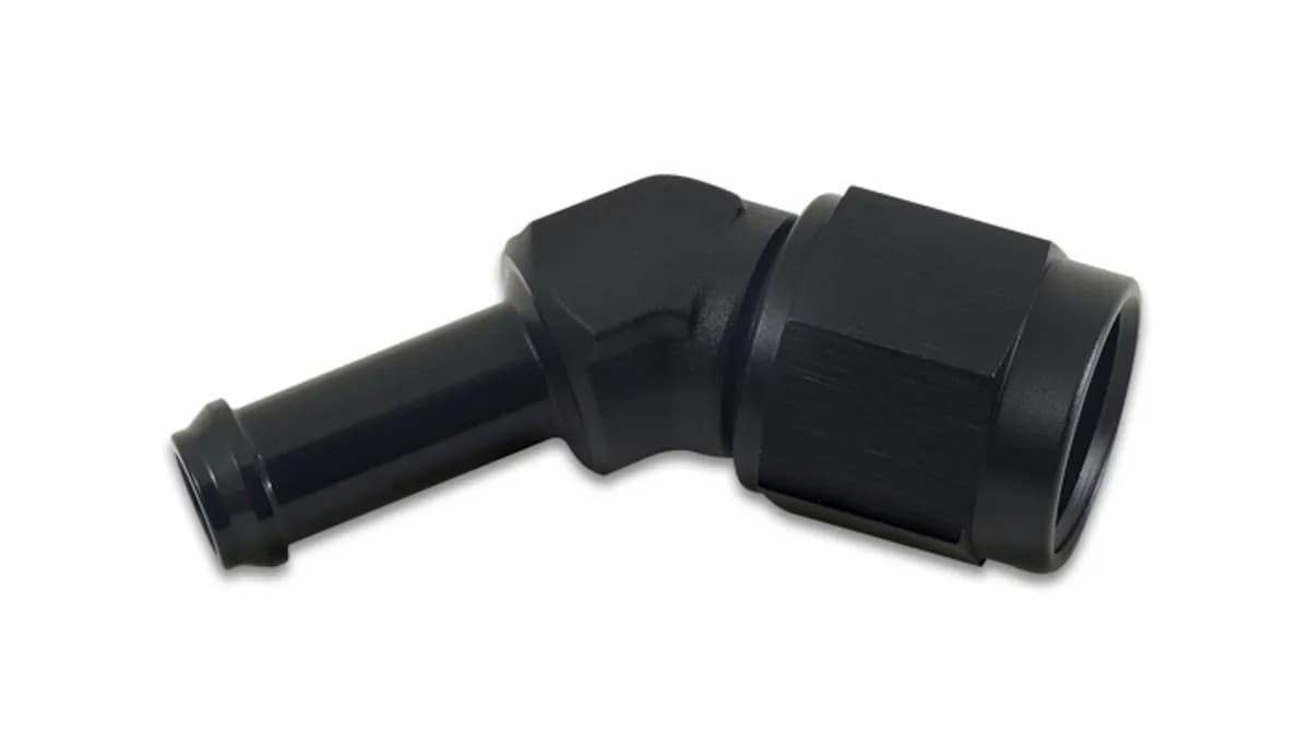 45 Degree AN to Hose Barb Adapter Fitting; -8AN; 0.5 in. Barb Size; 6061 Aluminum; Black Anodized; Female;