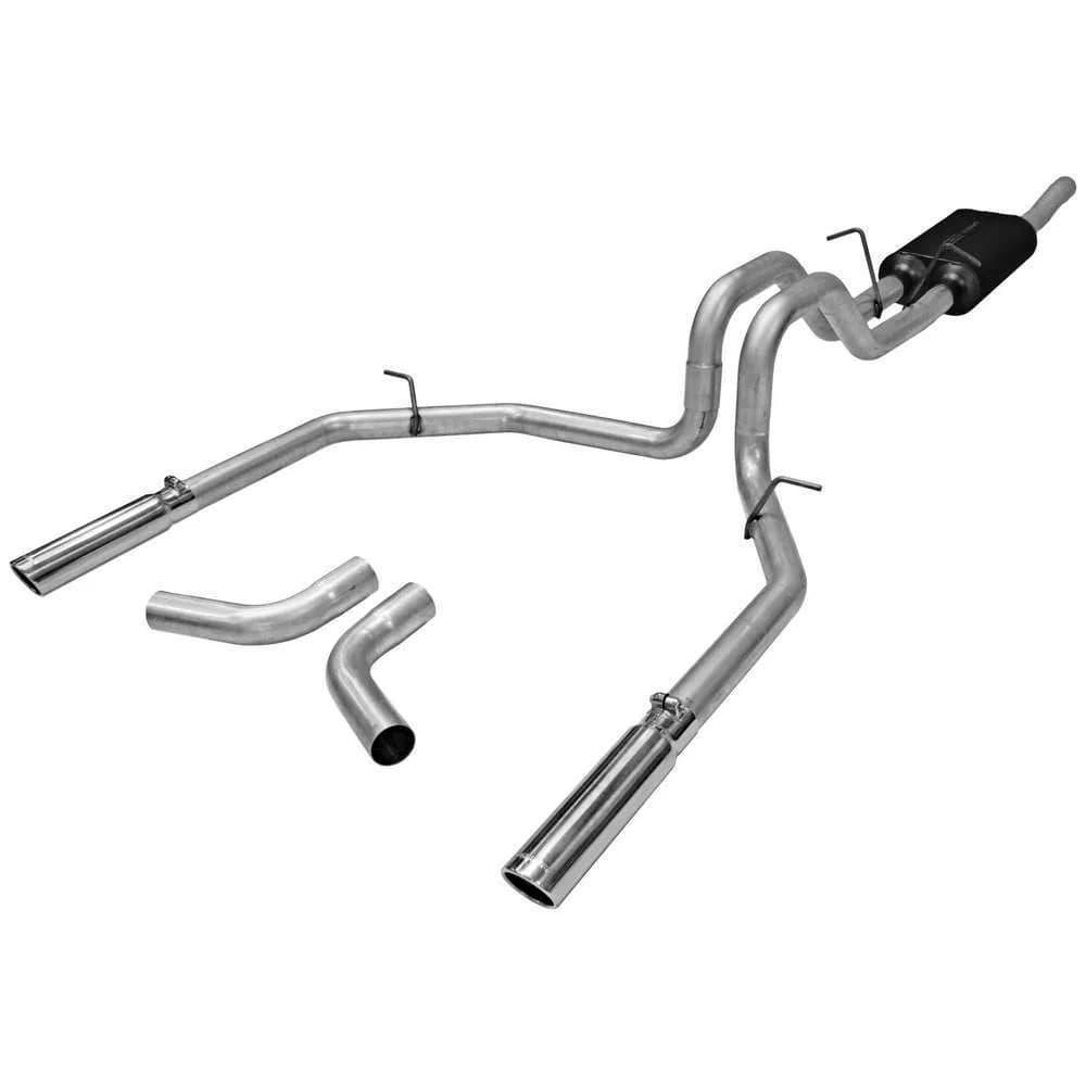 98-03 Ford Truck F150 1/2Ton 4.6L / 5.4L 2/4 Wheel Drive All Wheelbases Incl. Super Crew 2.50in Outlets Supe 50 Series Muffler 3.00in Stainless Tips Force II Incl Tube Extensions for DOR and DOS in Kit Mandrel Bent Tubing 16 Gauge Aluminized S