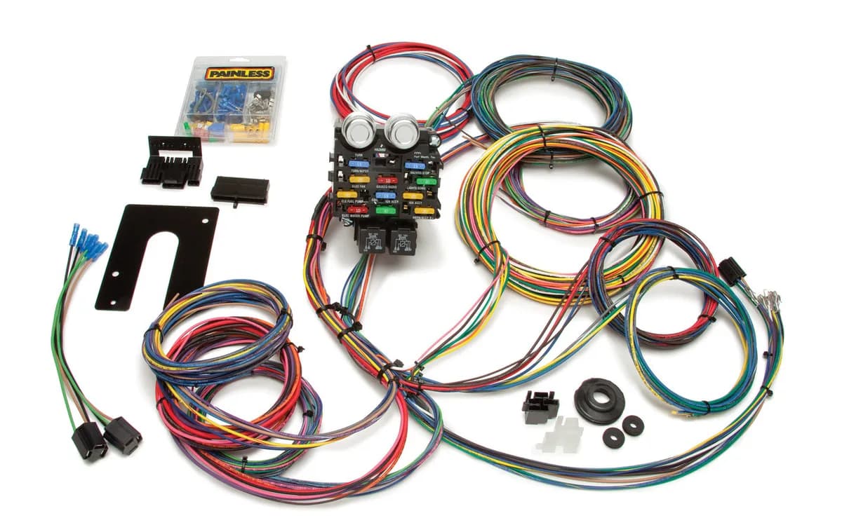 21 Circuit Pro Street Harness Kit; 12 Fuses w/Horn Relay; Incl. Fuel/Oil/Temperature Gauge/Tachometer Wiring; GM Color Coded; Circuit Designations Printed On Wires;