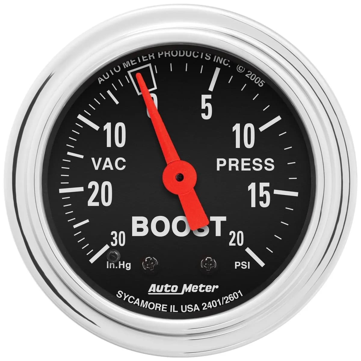 2-1/16in. Boost/Vacuum; 30 in Hg/20 Psi; Traditional Chrome