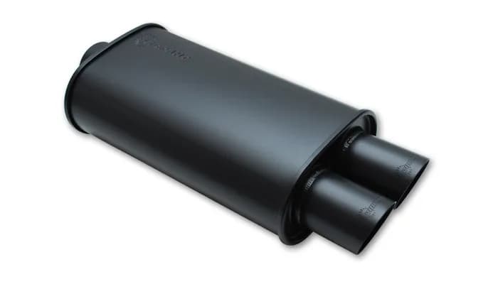STREETPOWER Flat Black Oval Muffler; Single Angle Tip; 2.5 in. Inlet ID; 3 in. Tip OD; 5 in. H; 9 in. W; 4.25 in. Tip L; 15 in. Body L; 20 in. Overall L; Dual Outlet;