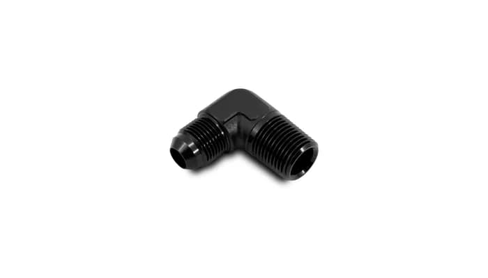 90 Degree AN to NPT Adapter Fitting; -10AN x 0.375 in. NPT; 6061 Aluminum; Black Anodized;