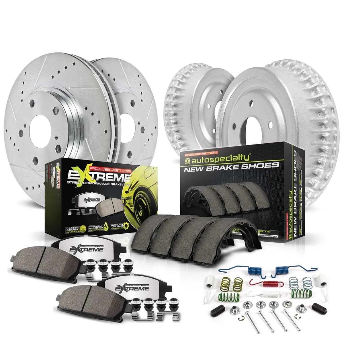Z26 Street Warrior Upgrade Kit: Drilled/Slotted Rotors; Carbon-Fiber Ceramic Pads W/Hardware; Coated Drums; Shoes W/Hold Down And Adjuster Kit