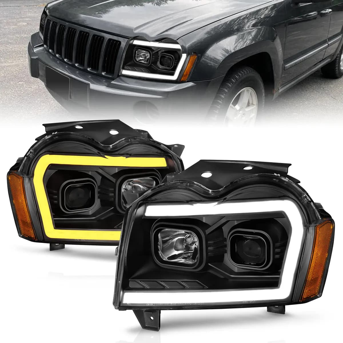 Projector Headlights w Light Bar Switchback Black Housing Jeep Grand Cherokee 2005-2007