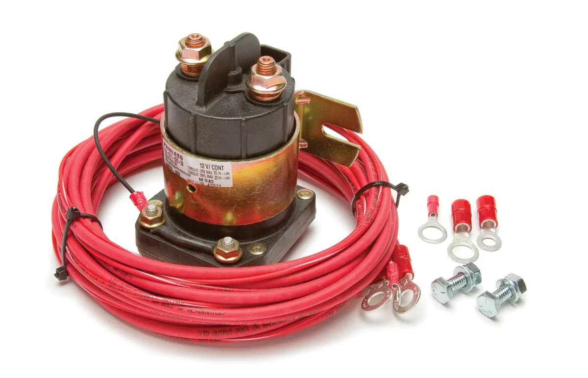 High AMP Alternator Shutdown Relay Kit; Kit Incl. 250 Amp HD Solenoid/Wire Harness/Crimp-On Terminals/Mounting Hardware;