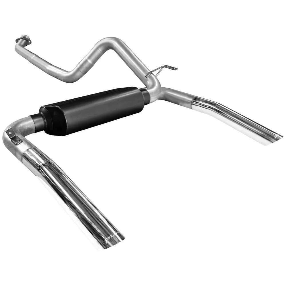86-91 Chev. Camaro / Pontiac Firebird 5.0L / 5.7L (W/3.00in Flanged Cat) 3.00in Outlets 5.00in x 10.00in 80 Series Crossflow Muffler 3.00in Logo Embossed Stainless Tips American Thunder DOR Mandrel Bent Tubing 16 Gauge Aluminized Steel