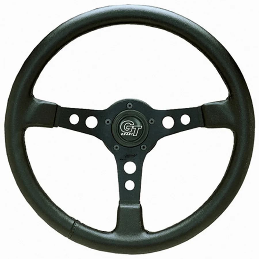 Formula GT Steering Wheel; 14 in. Diameter; 3 1/2 in. Dish; Black Leather Grained Vinyl; Silver 3-Spoke Design;