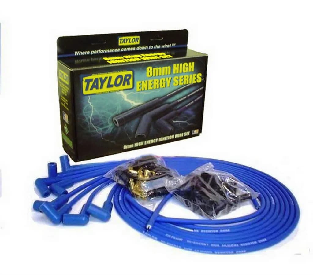 Taylor Cable Universal 8mm High Energy Spark Plug Wire Set - 8 Cylinders - 90° Spark Plug Boot Angle - Blue - 60651