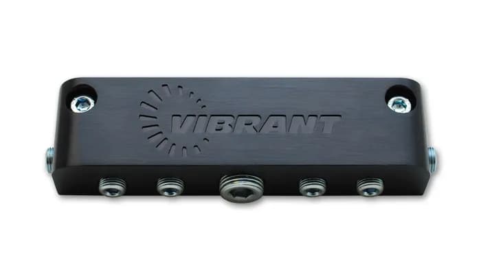 Vacuum Manifold; Anodized Black Silver; 0.375 in. Female Inlet Size; 0.125 in. Female Outlet Size; 5.5 in. Length; 1.5 in. Width; 1 in. Height; 1 Inlet pc.; 6 Outlet pcs.;