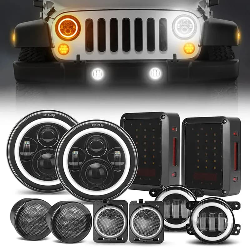"Jeep JK 7"" Halo Headlights, 4"" Halo Fog Lamps, Front Turn Signals, Fender Turn Signals & Tail Lights"