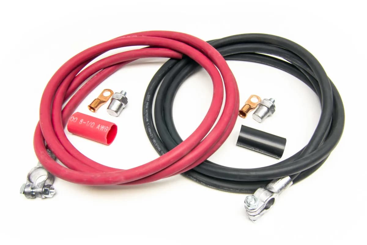 Battery Cable Kit; Incl. 8 ft. Red 1 ga. Positive Cable/8 ft. Black 1 ga. Negative Cable/Side Post Adapter/High Amp Crimp Ring Terminals w/Heatshrink;