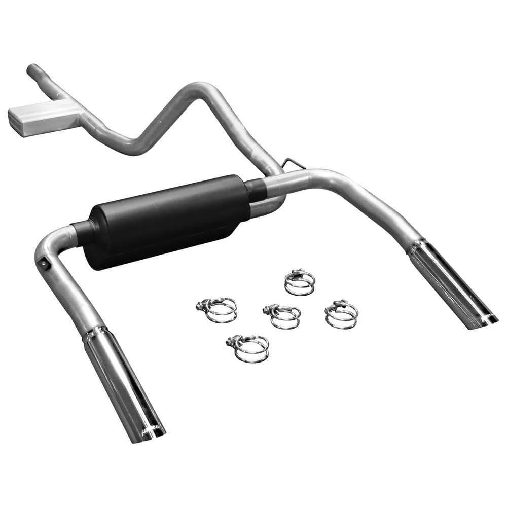 98-02 Chev. Camaro / Pontiac Firebird 3.8L V6 (W/Slip Fit Cat) Incl. Resonator 2.50in Outlets 5.00in x 10.00in 80 Series Crossflow Muffler 3.00in Logo Embossed Stainless Tips American Thunder DOR Mandrel Bent Tubing 16 Gauge Aluminized Steel