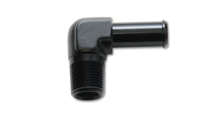 90 Degree NPT To Hose Barb Adapter Fitting; 0.5 in. NPT; 0.625 in. Hose; 6061 Aluminum; Black Anodized; Male;