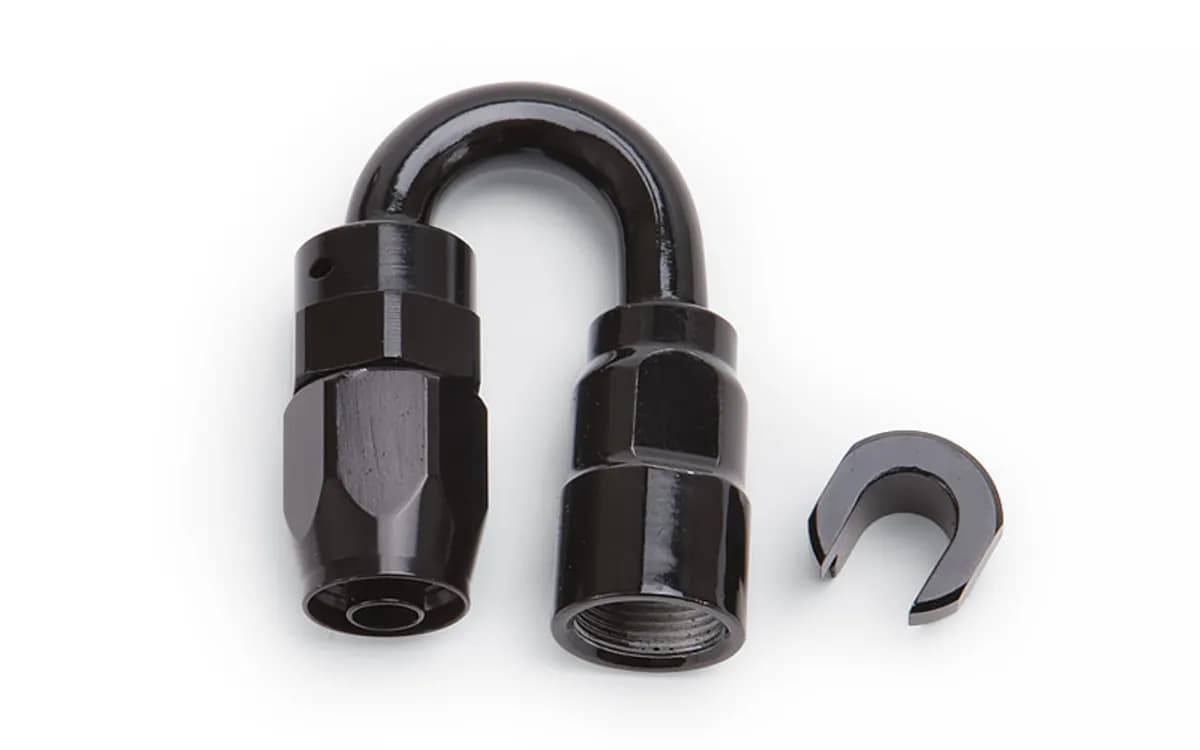 Hose End. 3/8 SAE Quick Disconnect Female to #6 Hose. 180 Degree. Black Anodized