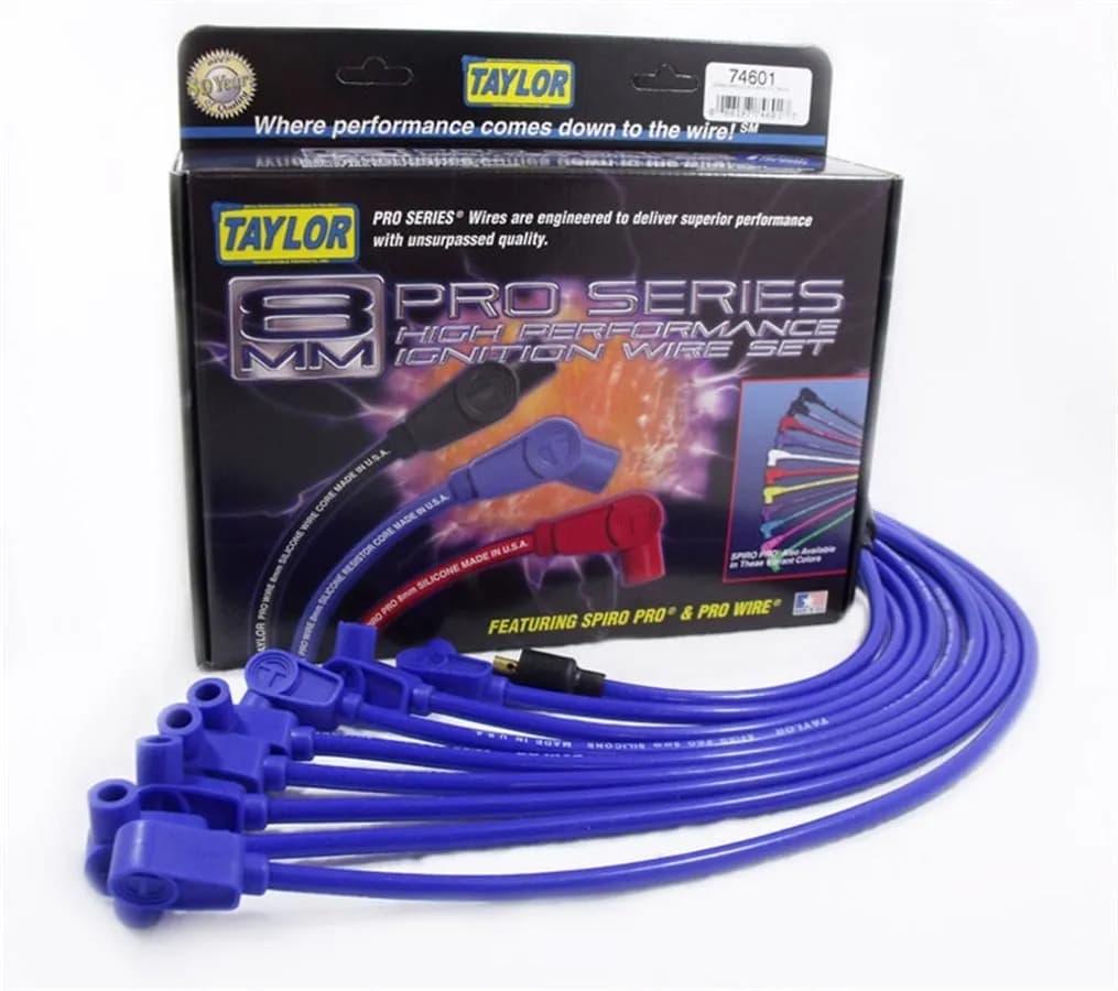 Taylor Cable 1961-74 Chevy Small Block Non-HEI 8mm Spiro-Pro Spark Plug Wire Set - Blue - 90° Spark Plug Boot Angle - 74601