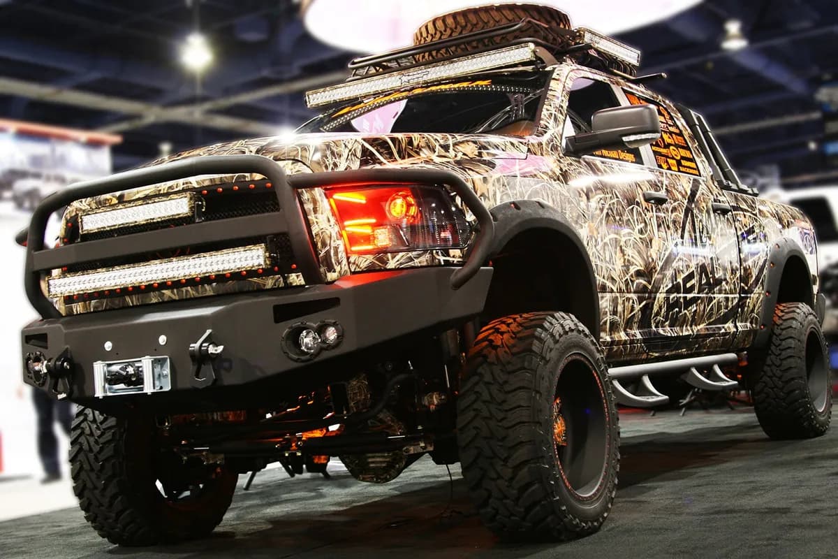 Premium Heavy Duty Winch Front Bumper; 2 Stage Black Powder Coated; w/Full Grill Guard; Incl. Winch Mt./1in. D-Ring Mt./Light Cut-Outs w/Fab Four 90mm Fog Lamps/60mm Turn Signals;
