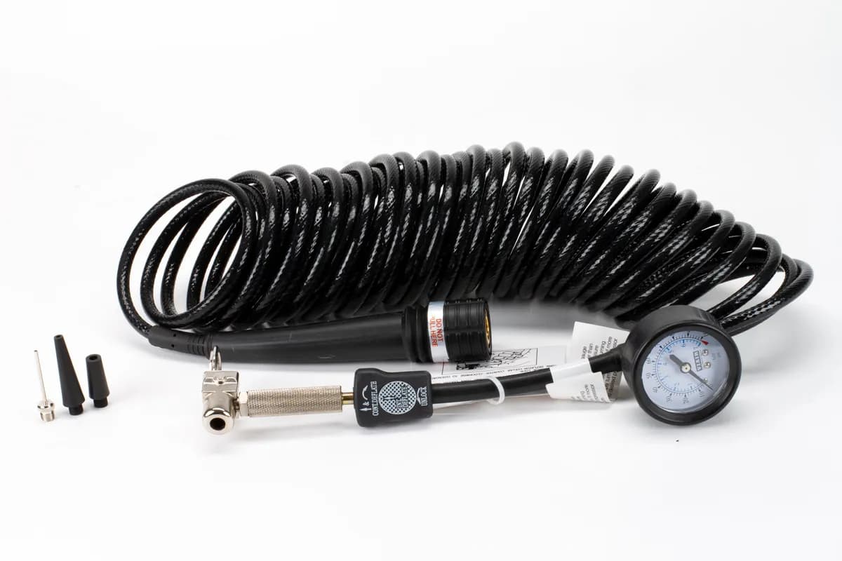 5-in-1 Deflator/Inflator, 25 Ft. Inside Braided Coil Hose, 60 PSI Inline Gauge, Bag