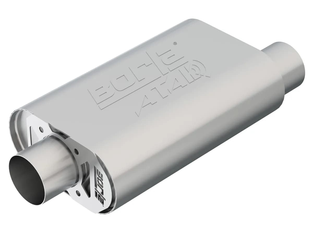 CrateMuffler GM Chevrolet SB Hot 350 383 CID OffsetCenter Oval Body 3 in. Inlet 3 in. Outlet 14 in. x 4.35 in. x 9 in. Body Size 19 in. Overall Length ATAK Sound T-304 Stainless Steel
