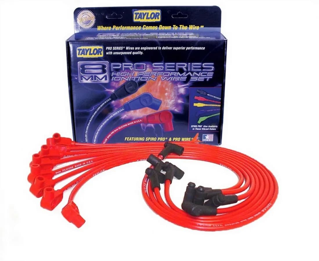 Taylor Cable Chevy Small Block Race Fit 8mm Spiro-Pro Spark Plug Wire Set with Under Valve Cover HEI Fitment - Red - 90° Spark Plug Boot Angle - 74206
