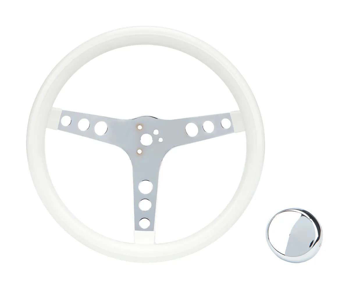 Classic Series Steering Wheel; 13 1/2 in. Diameter; 3 1/2 in. Dish; White Grip; Chrome 3-Spoke Design;