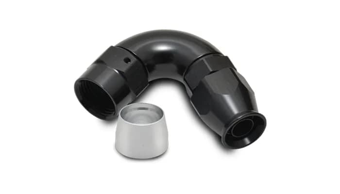 120 Degree High Flow Hose End Fitting; -6AN; 6061 Aluminum; Black Anodized; For PTFE Lined Hose;