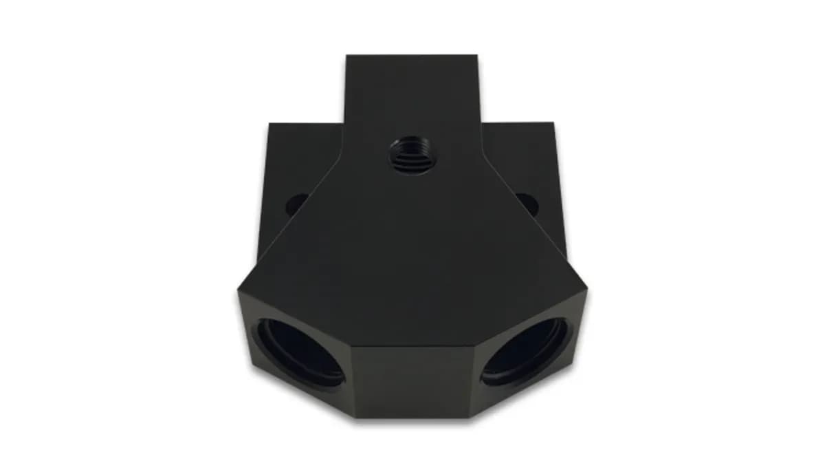 y Block Adapter Fitting; -10an Orb Single Size; -8an Orb Dual Size; 6061 Aluminum; Black Anodized; W/0.125 In. Npt Port;