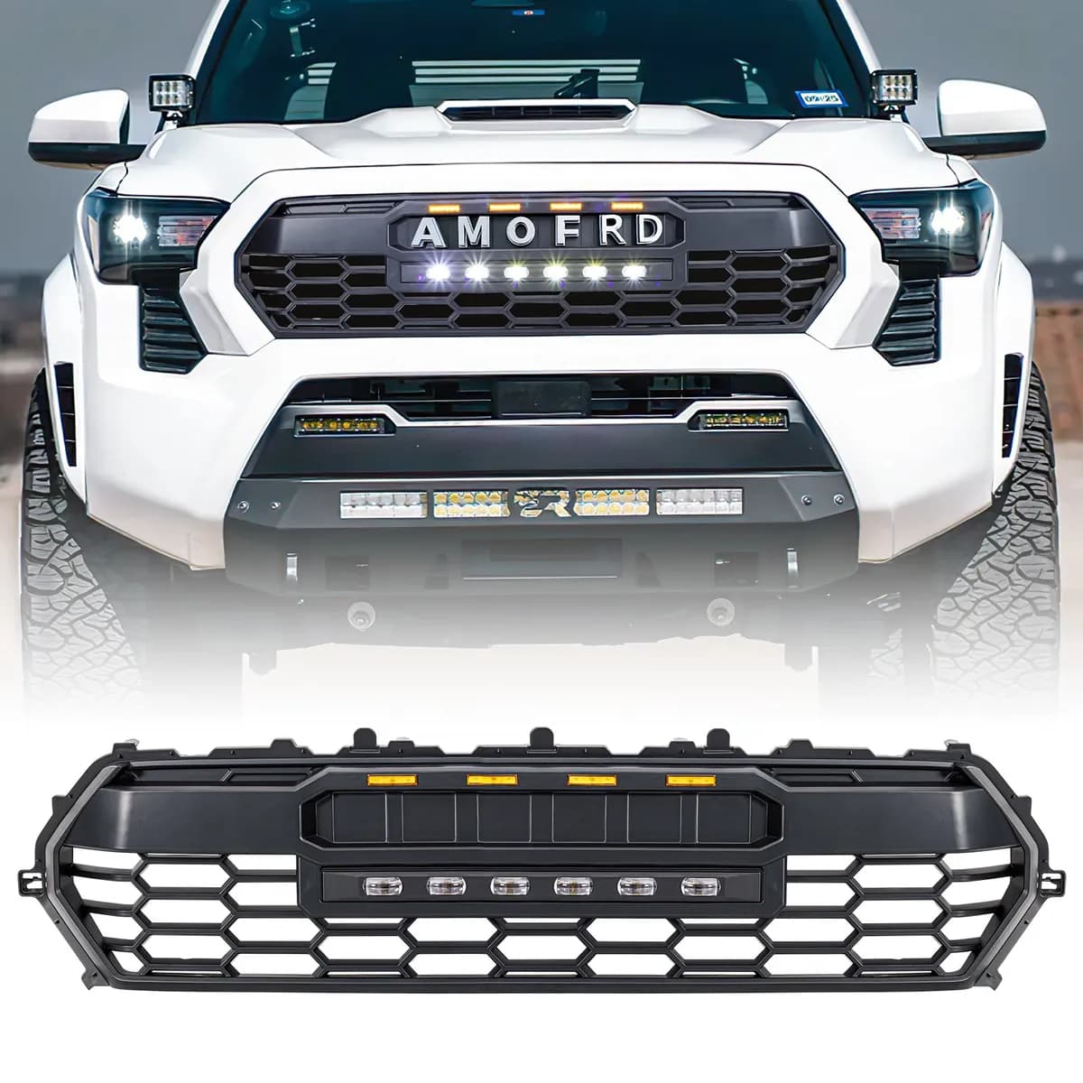 Trd Pro Style Front Grille w/ LED Off-Road Lights, Amber Lights And Diy Letters For 2024+ Toyota Tacoma- Matte Black | in Stock on Apr 30