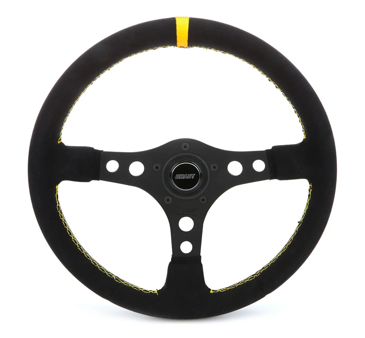 Formula GT Steering Wheel; 14 in. Diameter; 3 1/2 in. Dish; Black Suede Wheel w/Yellow Center Stripe:3-Spoke Design: 5 or 3 Hole Kit;