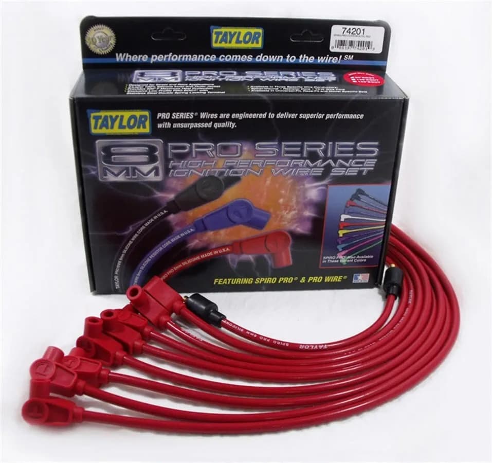 Taylor Cable 1961-74 Chevy Small Block Non-HEI 8mm Spiro-Pro Spark Plug Wire Set - Red - 90° Spark Plug Boot Angle - 74201