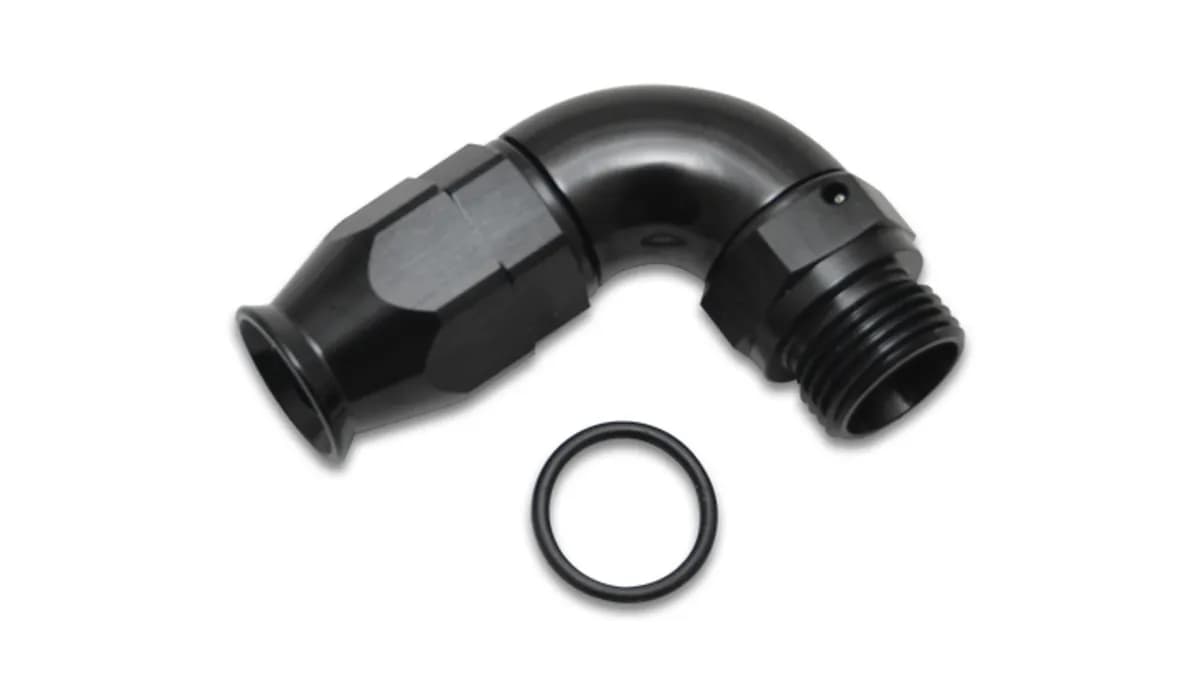 90 Degree Swivel Hose End Fitting; -6AN Hose To 6AN Male ORB; 6061 Aluminum; Black Anodized; High Flow;