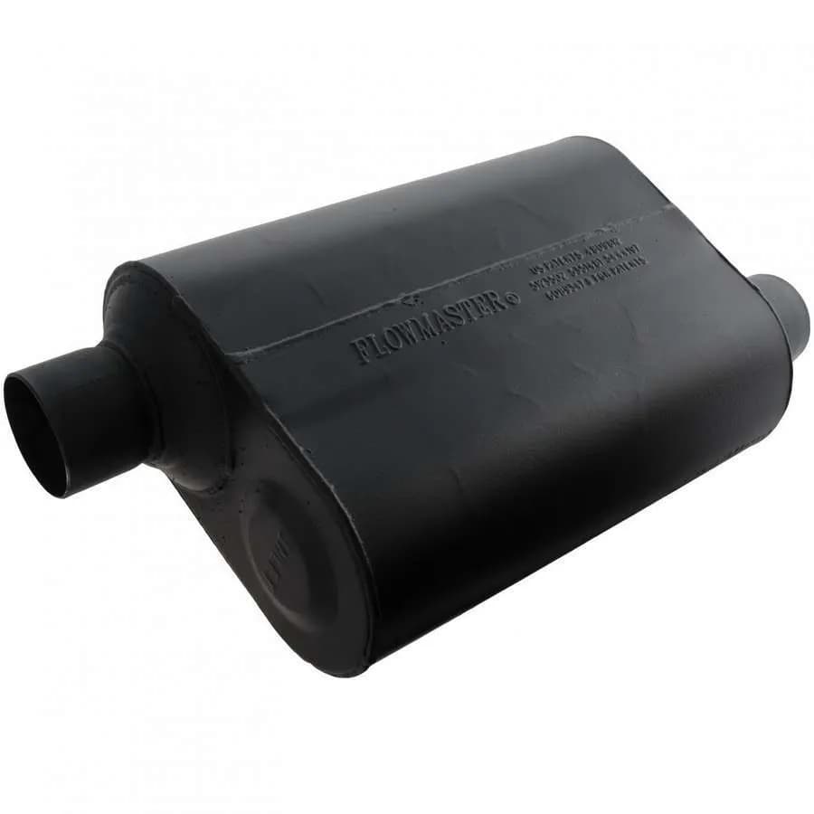 Super 40 Series Muffler 2.50in IN (O) / OUT (O) Opposite Side Offsets 5in x 10in x 13in Case: ea 16 Gauge Aluminized Steel