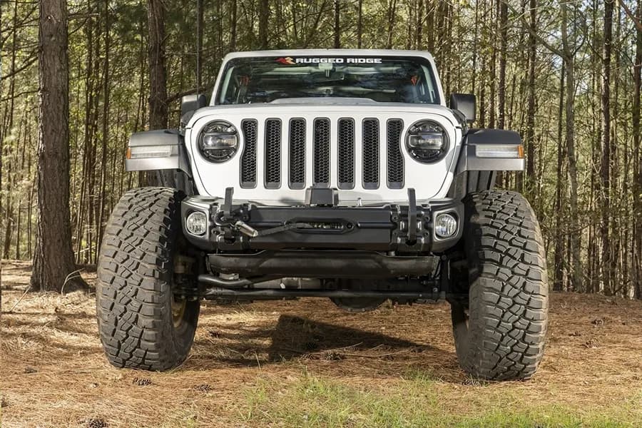 Rugged Ridge Arcus Front Stubby Bumper w/ Winch Tray and Tow Hooks - JT/JL